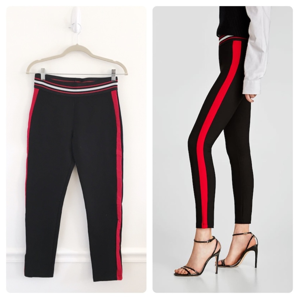 Zara Black Red Side Striped High Rise Legging Pant